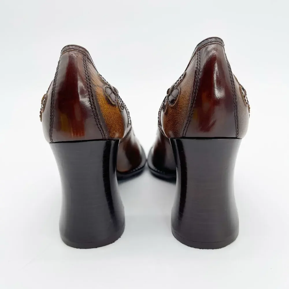 Prada Vintage 1996 Floral Appliqué Antiqued Leather Mary Jane Heels IT 38.5